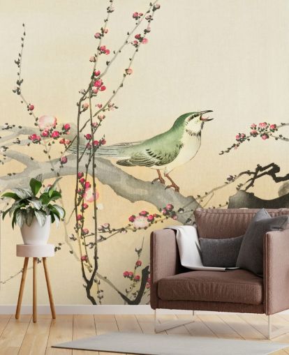 songbird on blossom branch wallpaper
