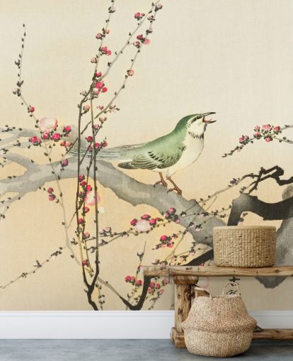 zangvogel op bloesem tak behang