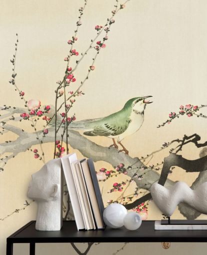 songbird on blossom branch wallpaper