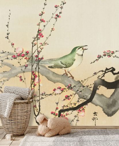 songbird on blossom branch wallpaper