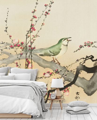 songbird on blossom branch wallpaper