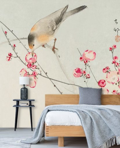orientalische Vogelmalerei auf Kirschblüten-Tapete