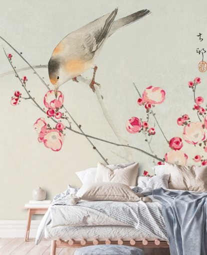 orientalische Vogelmalerei auf Kirschblüten-Tapete orientalische Vogelmalerei auf Kirschblüten-Tapete
