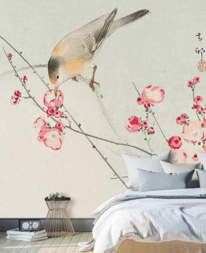 oriental painting of bird on cherry blossom wallpaper