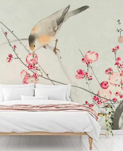 oriental painting of bird on cherry blossom wallpaper