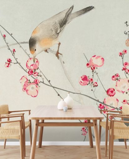 peinture orientale d'oiseau sur fond d'écran de fleurs de cerisier