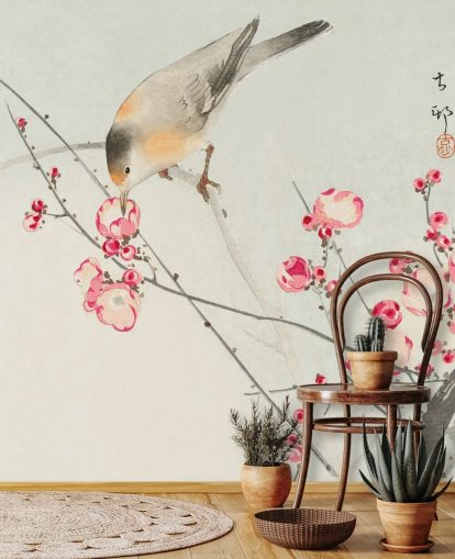 peinture orientale d'oiseau sur fond d'écran de fleurs de cerisier