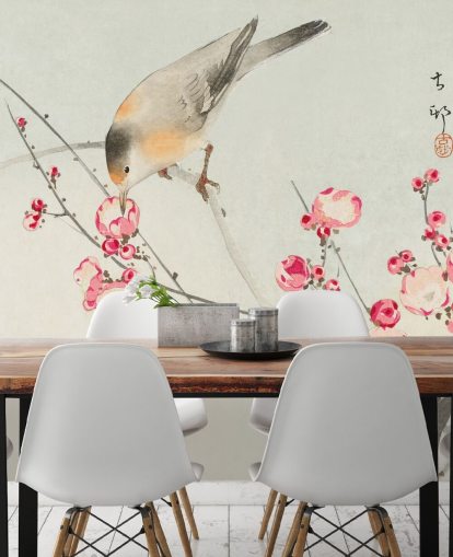 peinture orientale d'oiseau sur fond d'écran de fleurs de cerisier