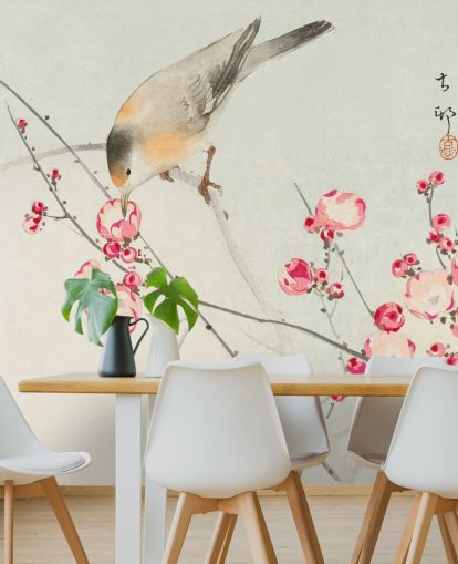oriental painting of bird on cherry blossom wallpaper