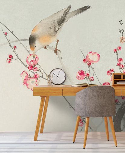 oriëntaalse schilderij van vogel op kersenbloesem behang oriëntaalse schilderij van vogel op kersenbloesem behang