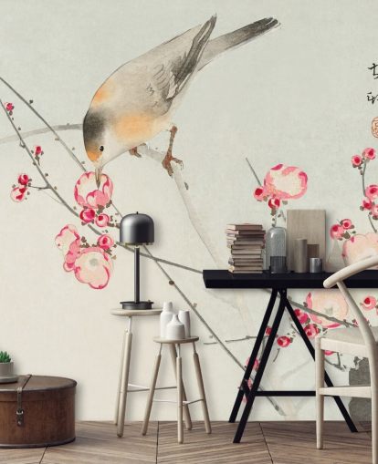 oriental painting of bird on cherry blossom wallpaper