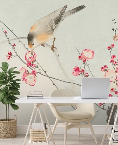 pintura oriental de pájaro en papel tapiz de flor de cerezo pintura oriental de pájaro en papel tapiz de flor de cerezo