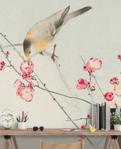 peinture orientale d'oiseau sur fond d'écran de fleurs de cerisier