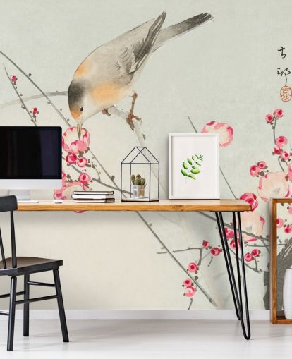 oriental painting of bird on cherry blossom wallpaper