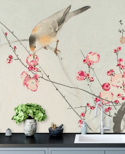 peinture orientale d'oiseau sur fond d'écran de fleurs de cerisier