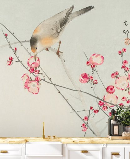 oriëntaalse schilderij van vogel op kersenbloesem behang oriëntaalse schilderij van vogel op kersenbloesem behang