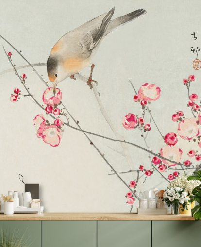 orientalische Vogelmalerei auf Kirschblüten-Tapete