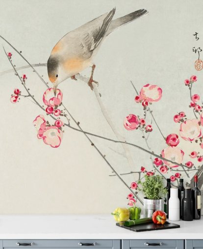 orientalische Vogelmalerei auf Kirschblüten-Tapete