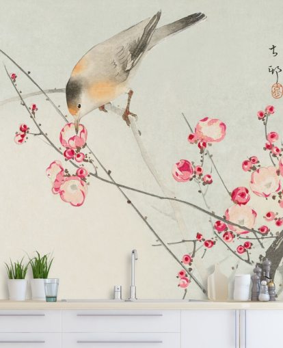 oriental painting of bird on cherry blossom wallpaper