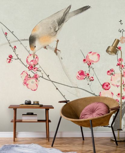 pintura oriental de pájaro en papel tapiz de flor de cerezo pintura oriental de pájaro en papel tapiz de flor de cerezo