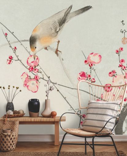 oriental painting of bird on cherry blossom wallpaper