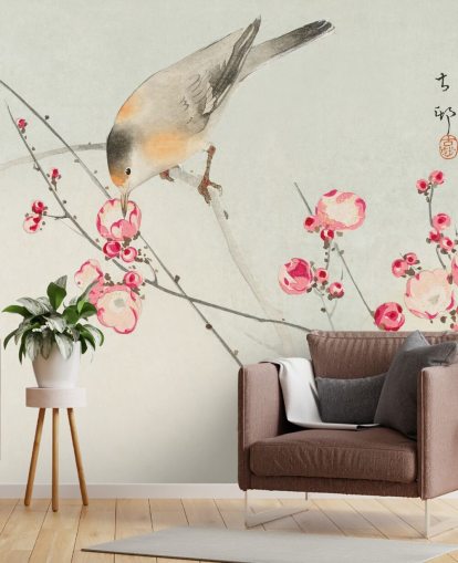 oriental painting of bird on cherry blossom wallpaper