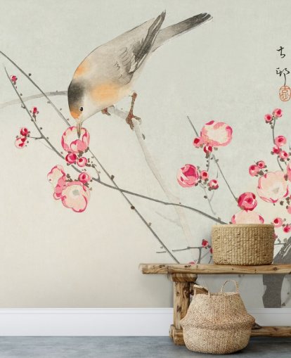 pintura oriental de pássaro no papel de parede de flor de cerejeira