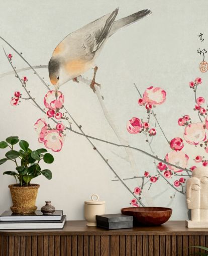pintura oriental de pájaro en papel tapiz de flor de cerezo