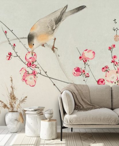 pintura oriental de pássaro no papel de parede de flor de cerejeira