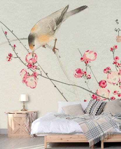 pintura oriental de pássaro no papel de parede de flor de cerejeira