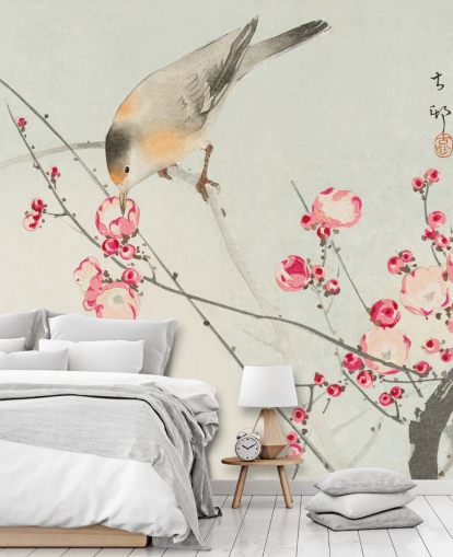pintura oriental de pájaro en papel tapiz de flor de cerezo pintura oriental de pájaro en papel tapiz de flor de cerezo