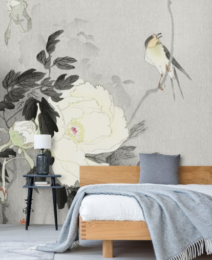 grey peony and bird wallpaper