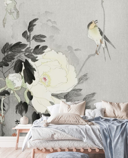grey peony and bird wallpaper