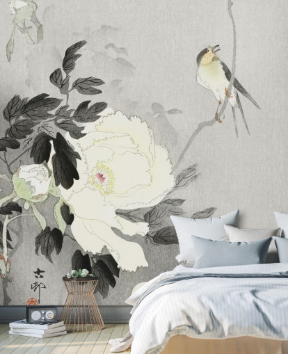 grey peony and bird wallpaper