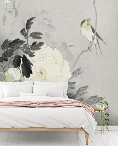 papier peint pivoine et oiseau gris papier peint pivoine et oiseau gris