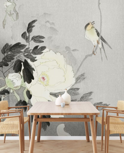 grey peony and bird wallpaper