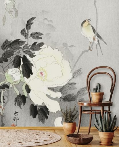 grey peony and bird wallpaper