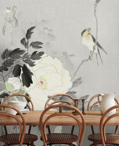 papier peint pivoine et oiseau gris