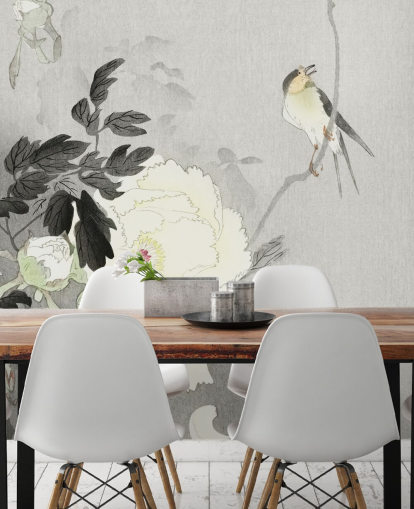 papel pintado gris peonía y pájaro