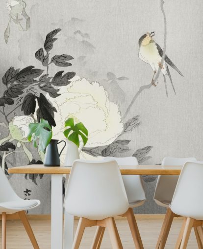 papel pintado gris peonía y pájaro