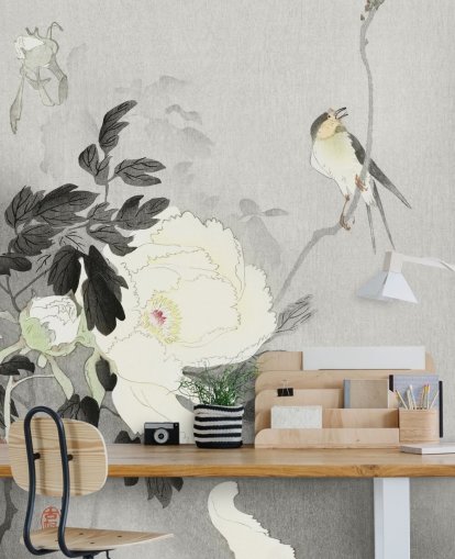 papel pintado gris peonía y pájaro
