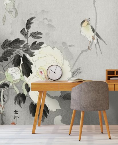 papier peint pivoine et oiseau gris