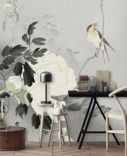 grijze pioen en vogelbehang grijze pioen en vogelbehang