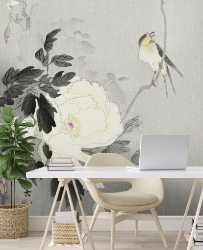 papel pintado gris peonía y pájaro