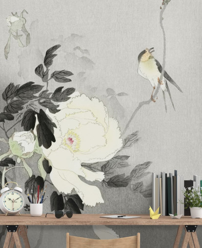 papier peint pivoine et oiseau gris