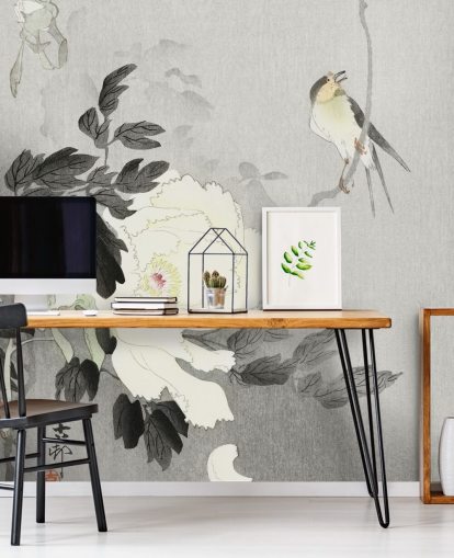 grijze pioen en vogelbehang