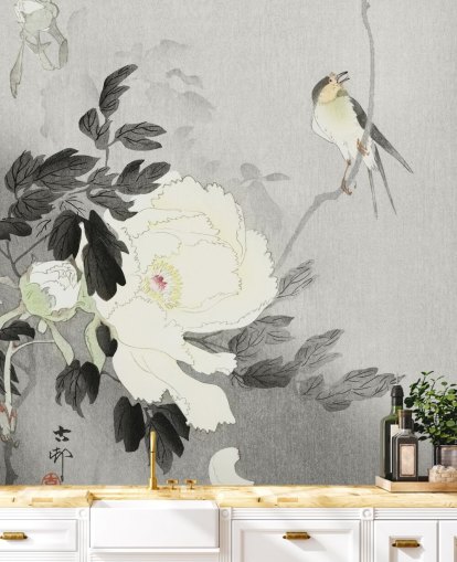 grey peony and bird wallpaper