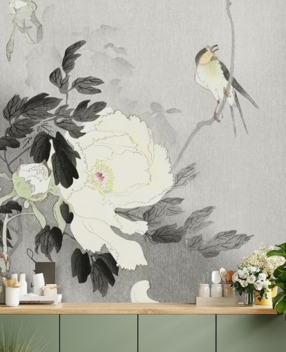 grey peony and bird wallpaper