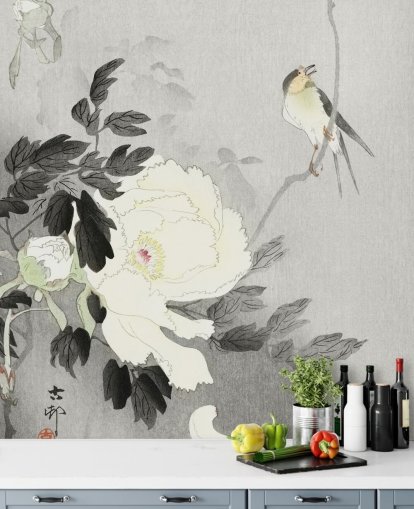 papier peint pivoine et oiseau gris