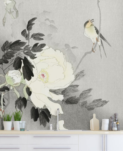 graue Pfingstrose und Vogeltapete